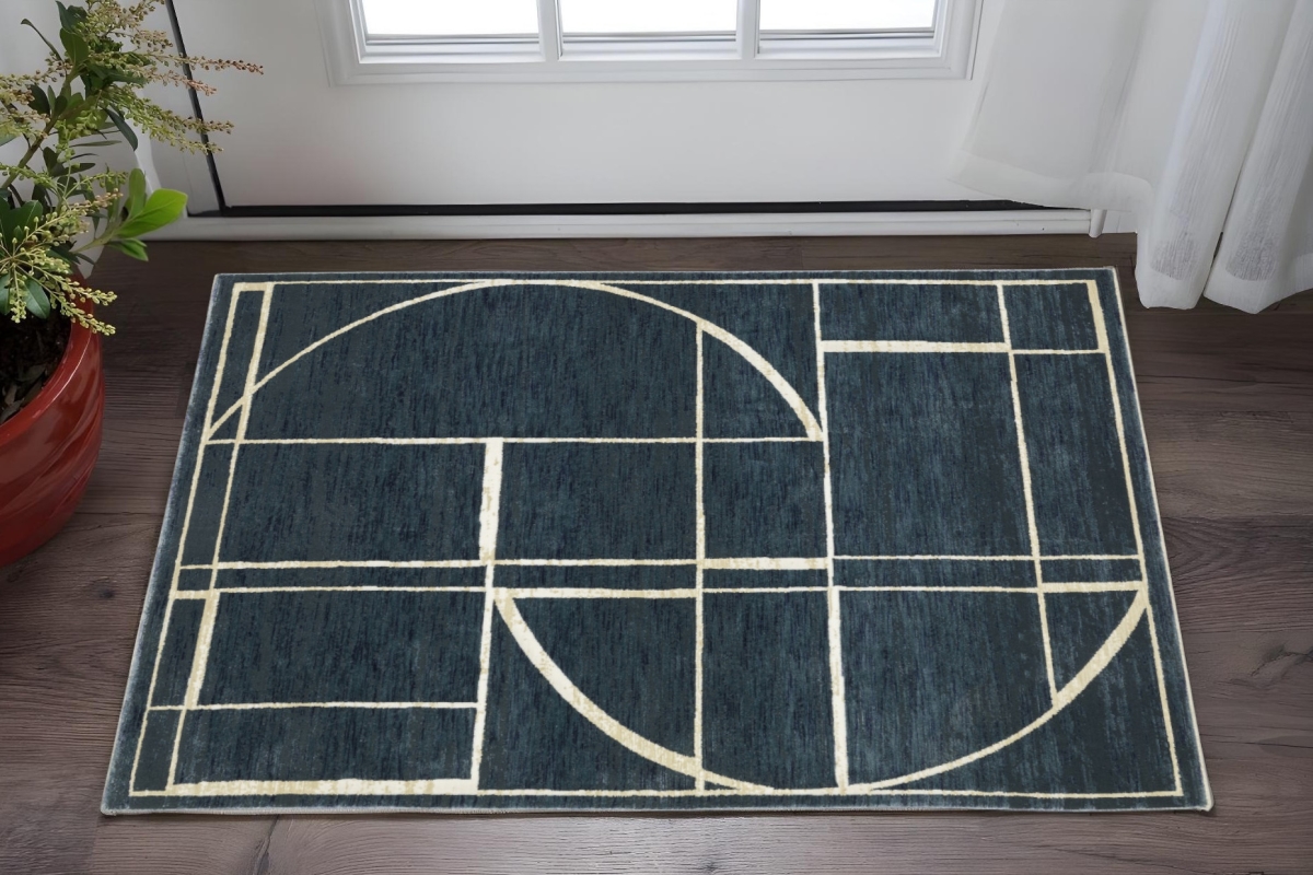 575376 3 x 5 ft. Geometric Rectangle Area Rug, Blue & Ivory