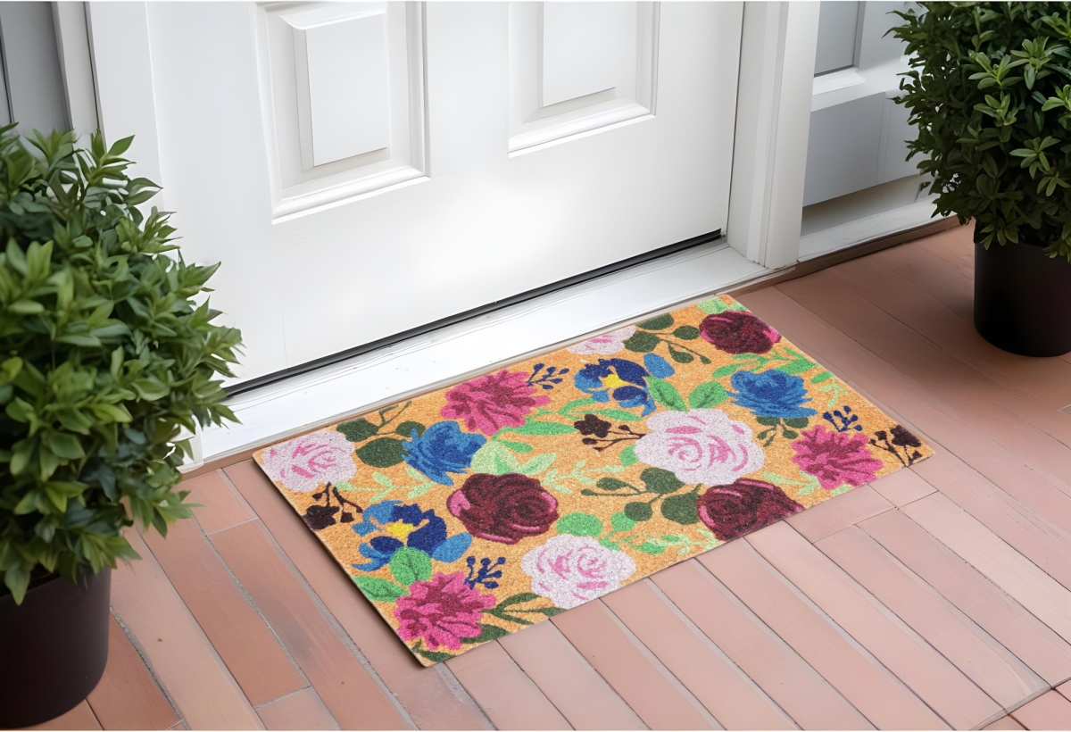 555211 24 x 36 in. Natural Pink & Green Coir Floral Outdoor Door Mat