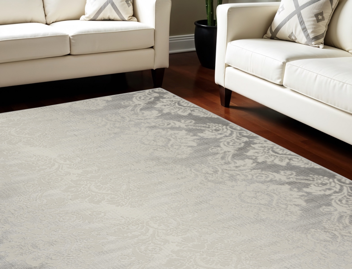 550429 8 x 10 ft. Damask Distressed Non Skid Rectangle Area Rug, Ivory & Gray