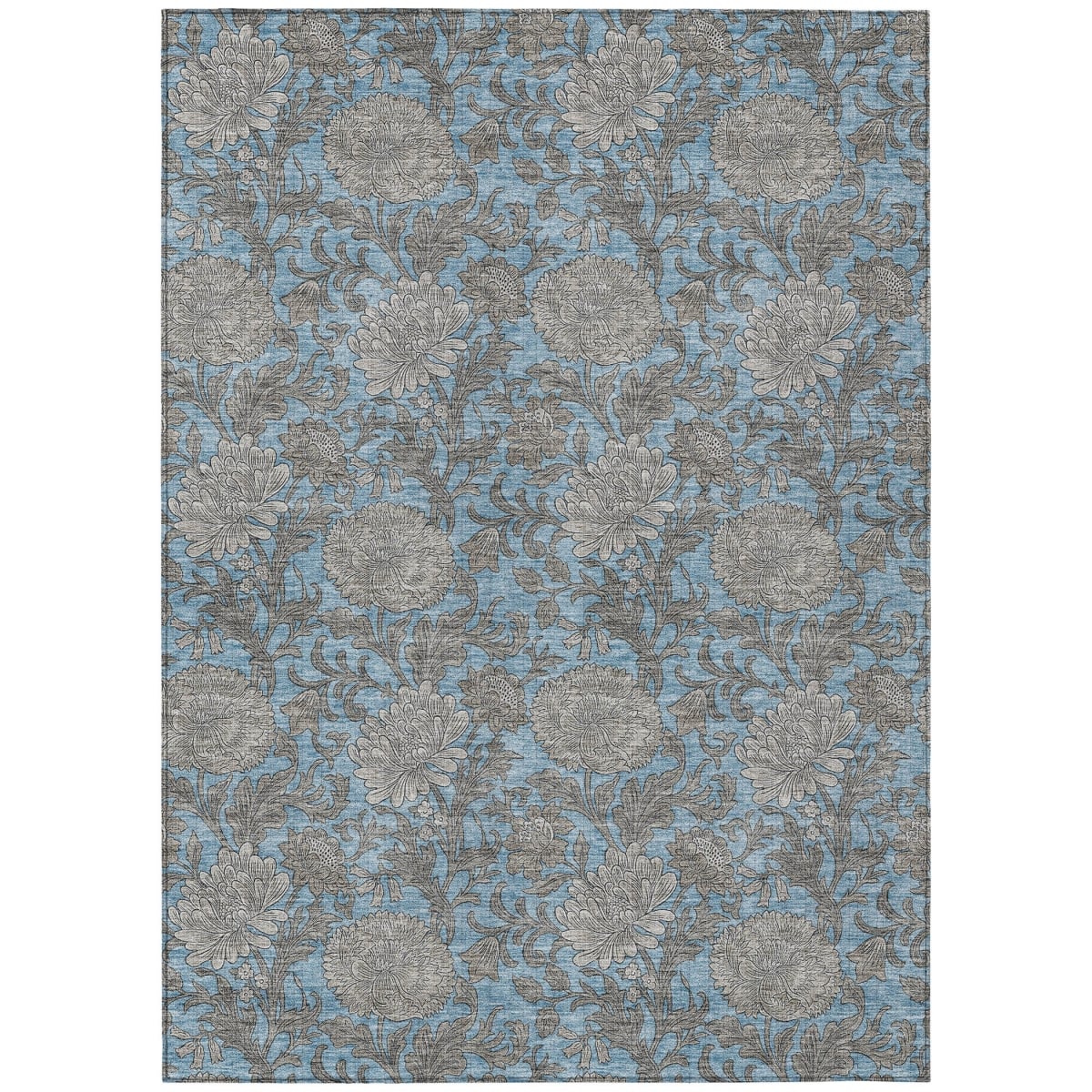 581221 3 x 5 ft. Floral Washable Indoor & Outdoor Rectangle Area Rug, Blue, Gray & Silver