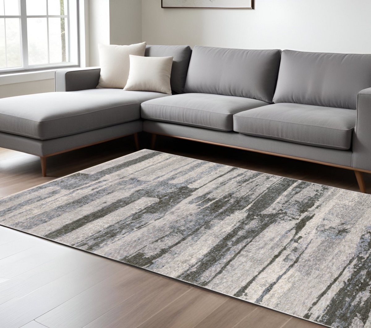 576401 10 x 13 ft. Abstract Rectangle Area Rug with Fringe, Gray & Ivory