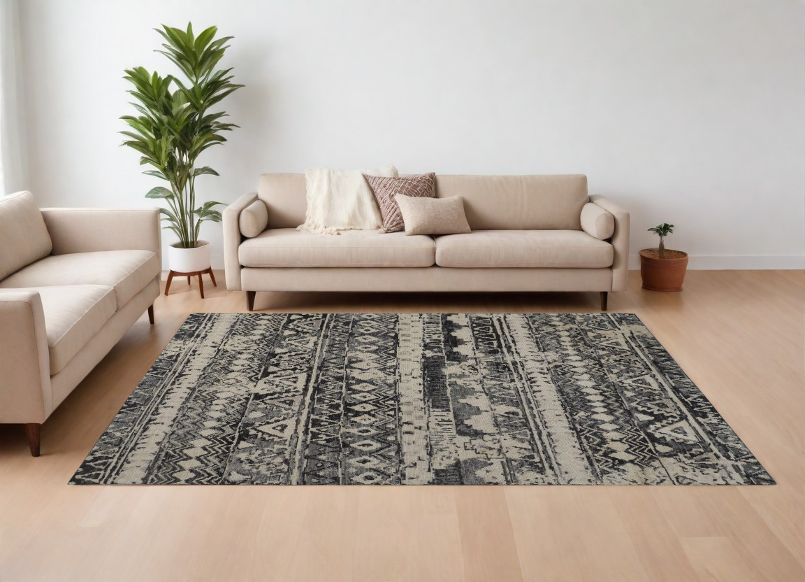 567530 8 x 10 ft. Wool Geometric Hand Knotted Rectangle Area Rug, Ivory, Gray & Black