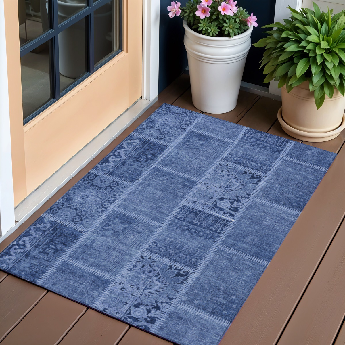 579385 3 x 5 ft. Patchwork Washable Indoor & Outdoor Rectangle Area Rug, Navy Blue & Denim Blue