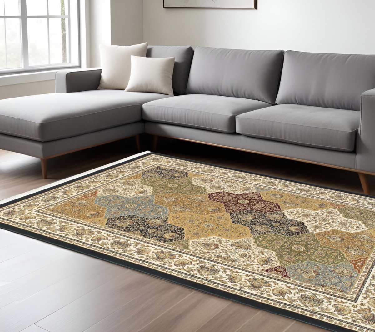576375 10 x 13 ft. Oriental Rectangle Area Rug with Fringe, Navy Blue, Tan & Black