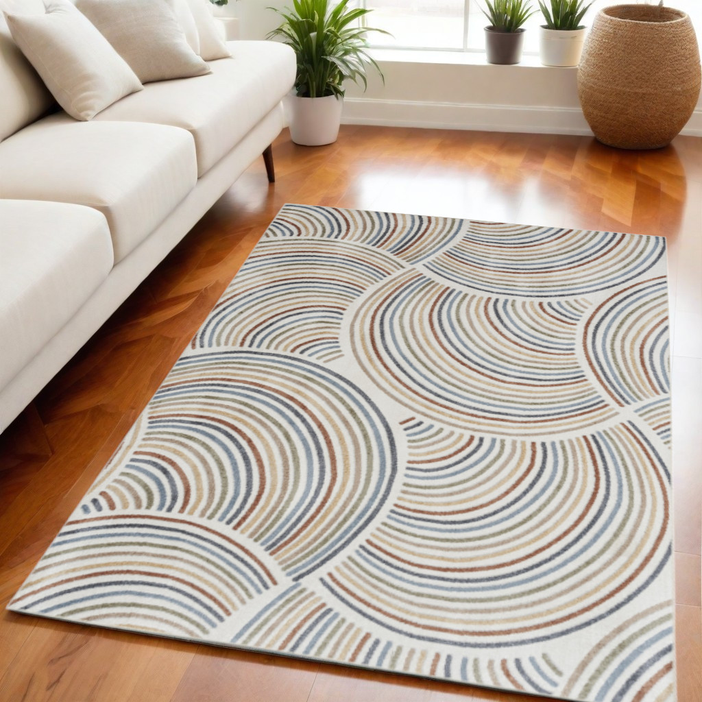 532860 5 x 7 ft. Geometric Power Loom Washable Rectangle Area Rug, Blue & Ivory