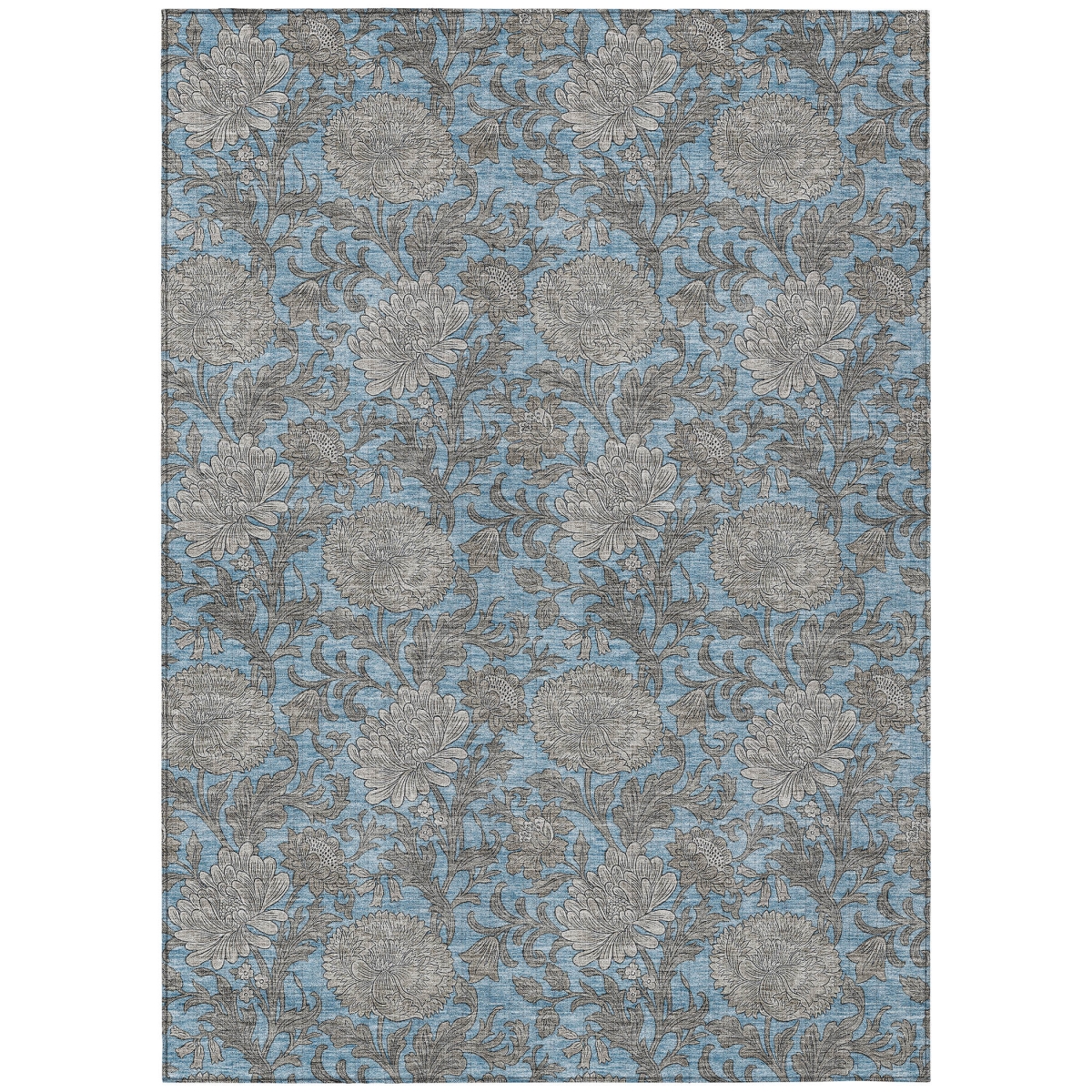 581222 5 x 8 ft. Floral Washable Indoor & Outdoor Rectangle Area Rug, Blue, Gray & Silver