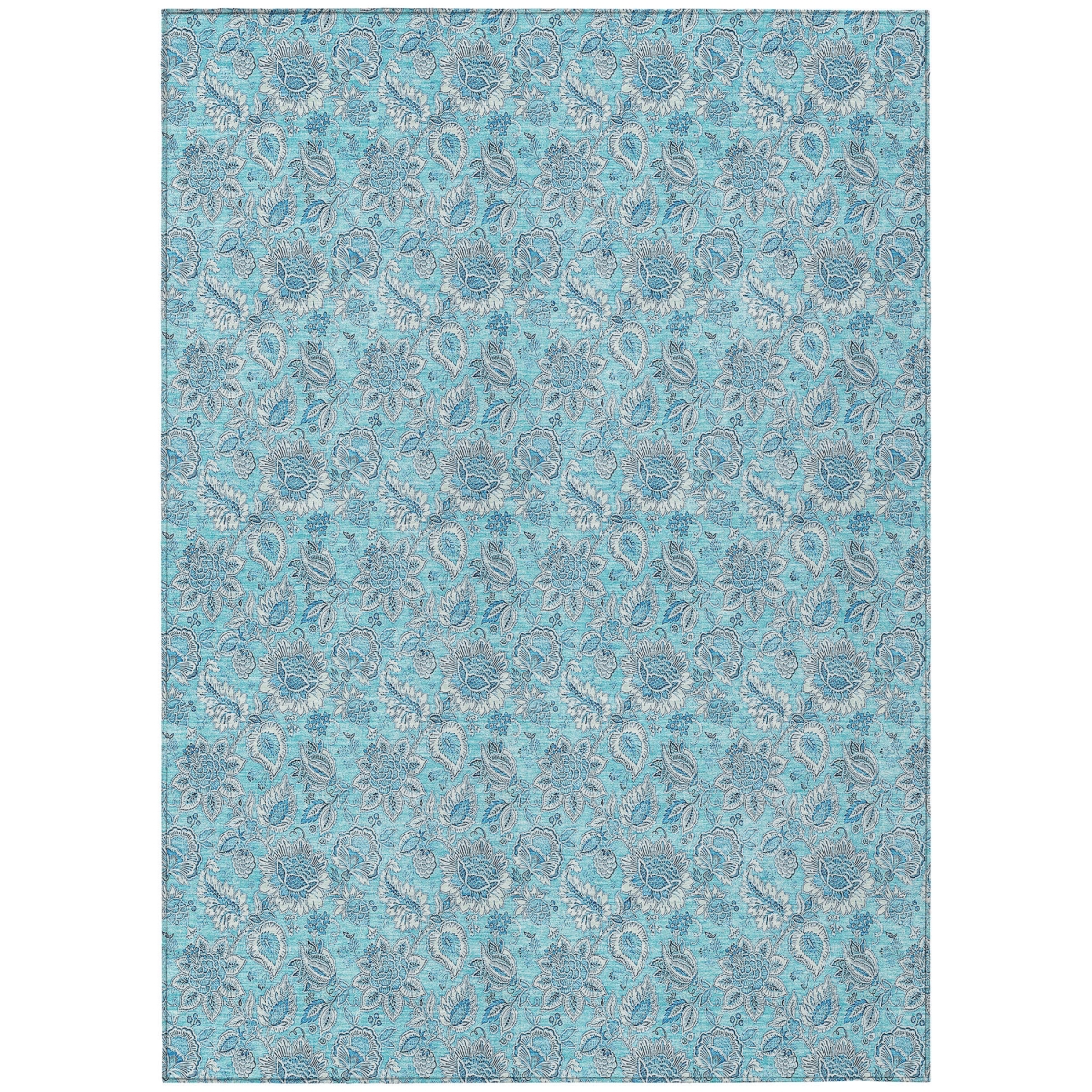 580572 9 x 12 ft. Floral Washable Indoor & Outdoor Rectangle Area Rug, Aqua, Blue & Silver
