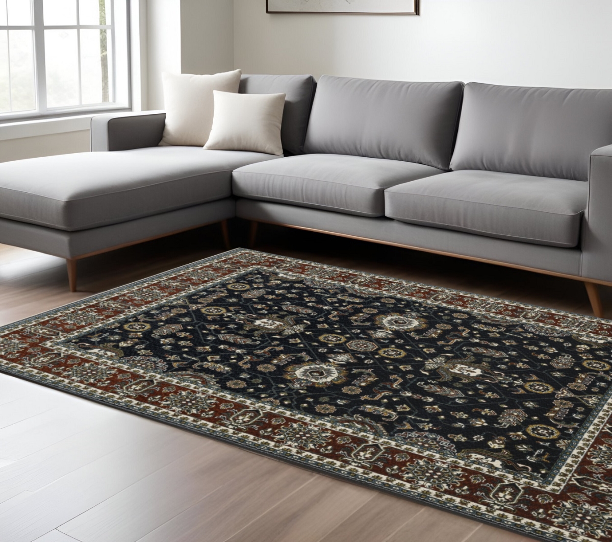 576149 8 x 11 ft. Oriental Rectangle Area Rug with Fringe, Navy Blue & Rust