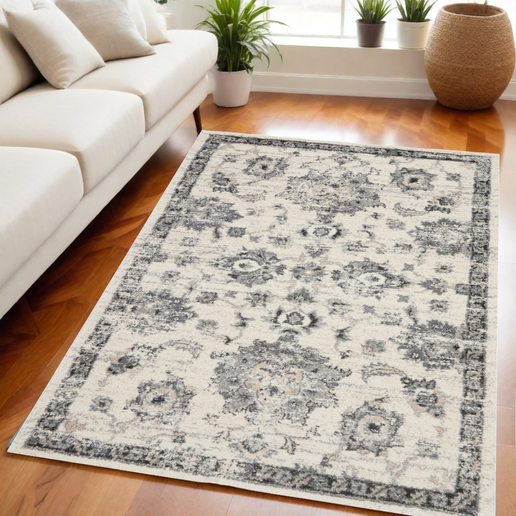 551212 5 x 7 ft. Floral Distressed Rectangle Area Rug, Cream & Gray