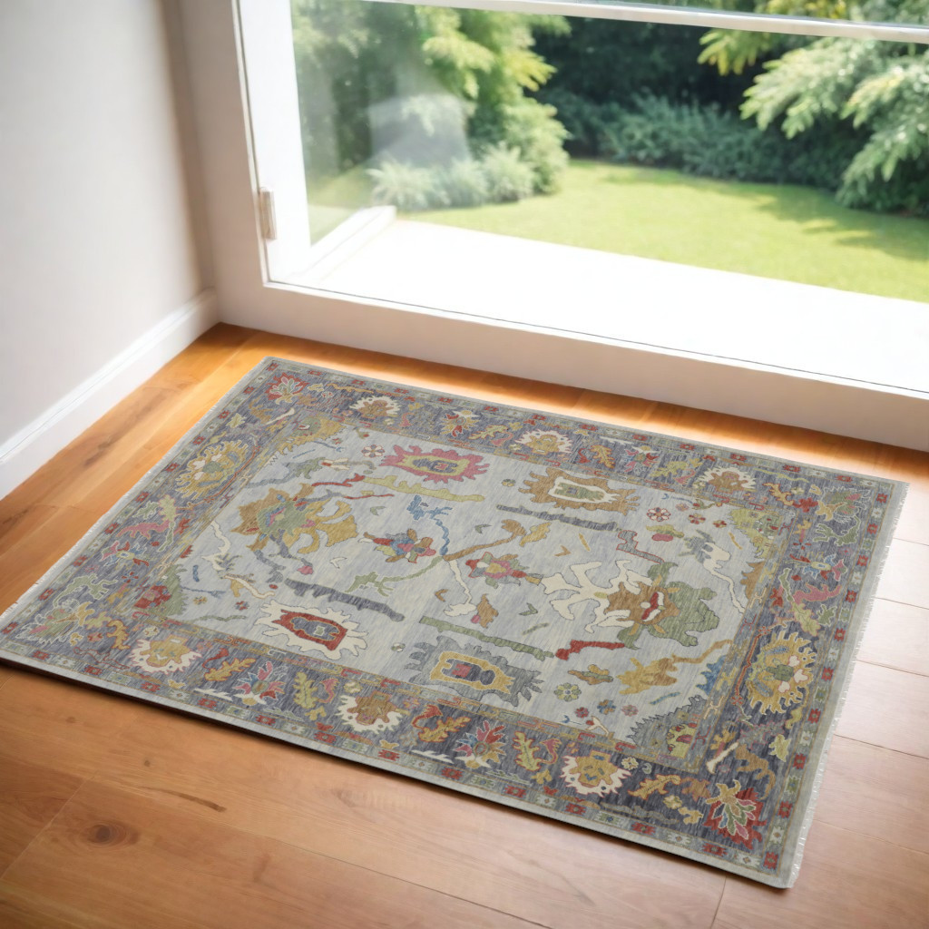 566279 2 x 3 ft. Wool Oriental Hand Knotted Rectangle Area Rug with Fringe, Gray, Blue & Gold