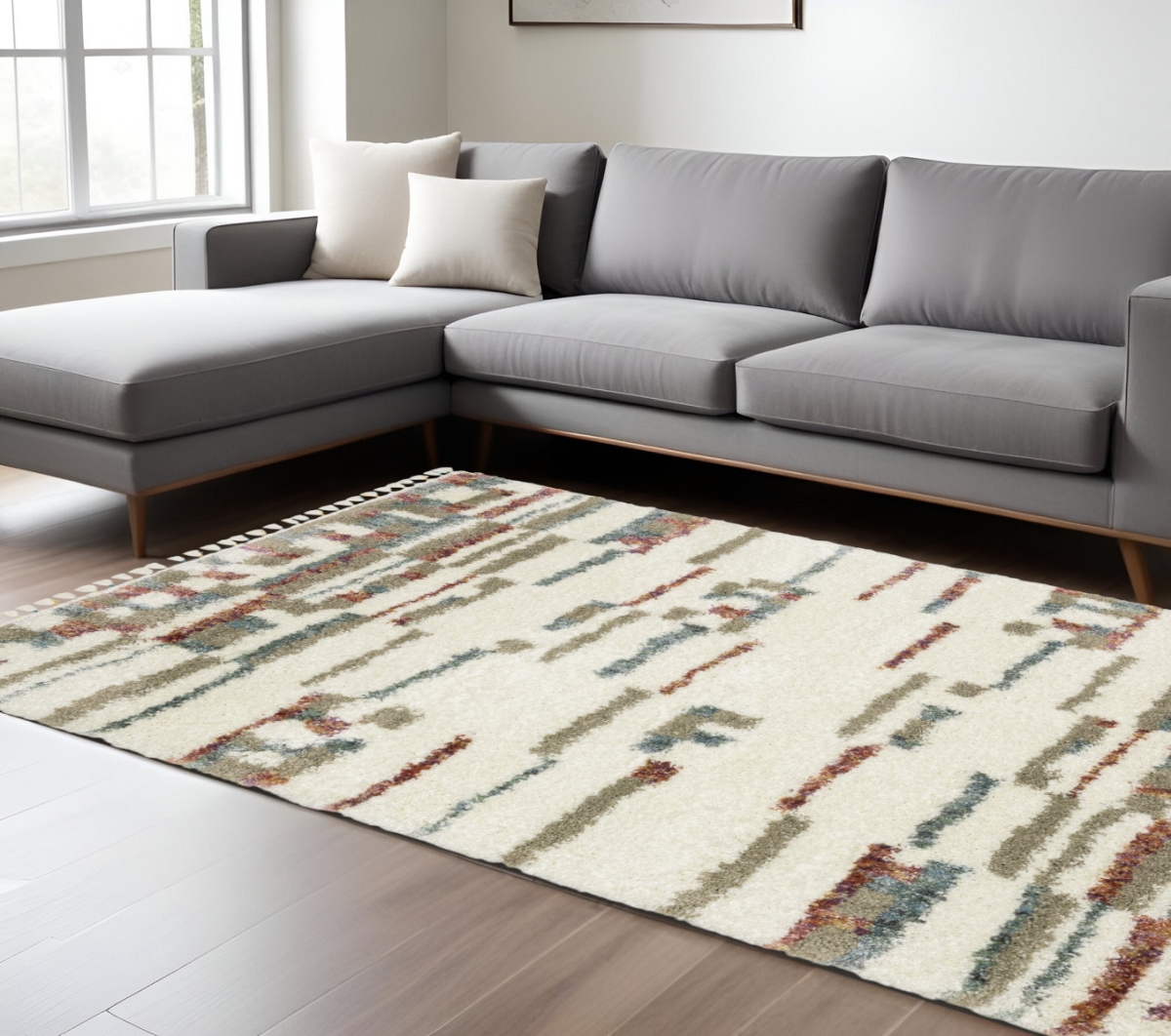 574651 10 x 13 ft. Abstract Shag Distressed Rectangle Area Rug with Fringe, Tan, Gray & Ivory