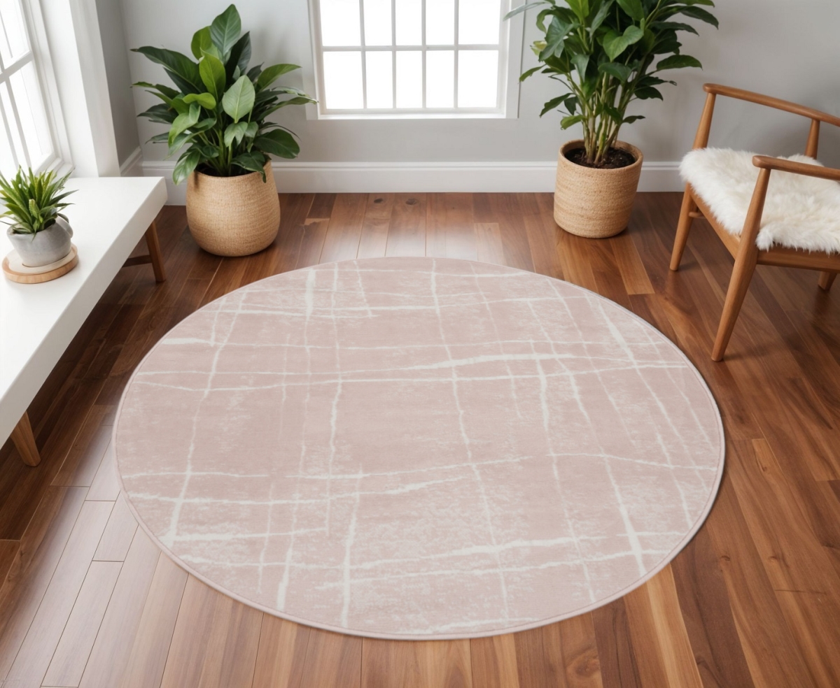 552336 8 ft. Abstract Power Loom Round Rug, Pink & Ivory