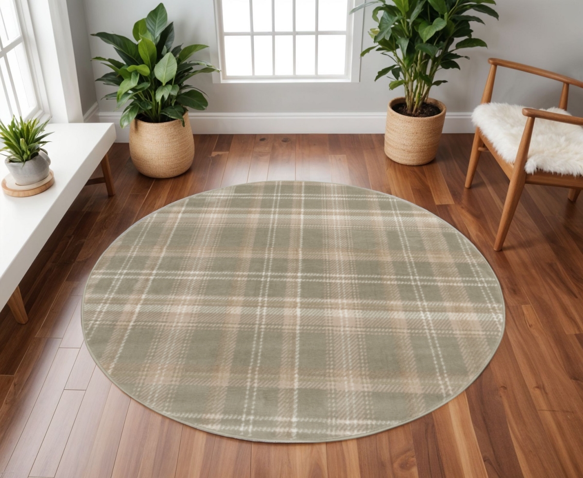 569863 8 ft. Plaid Machine Made Round Rug, Olive Green & Ivory