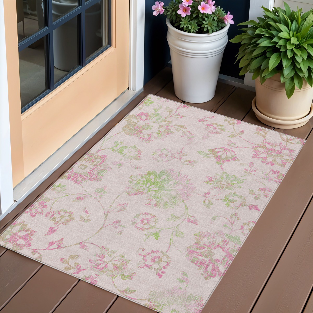 589488 3 x 5 ft. Floral Washable Indoor & Outdoor Rectangle Area Rug, Pink, Blush & Artichoke Green