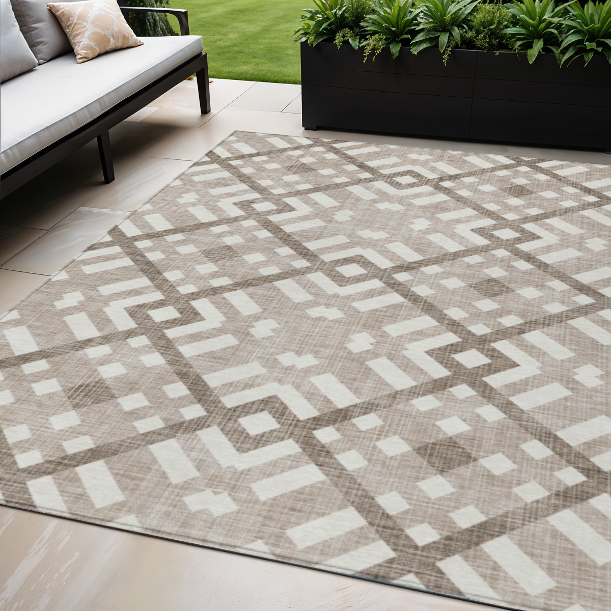 578449 5 x 8 ft. Geometric Washable Indoor & Outdoor Rectangle Area Rug, Taupe, Brown & Ivory