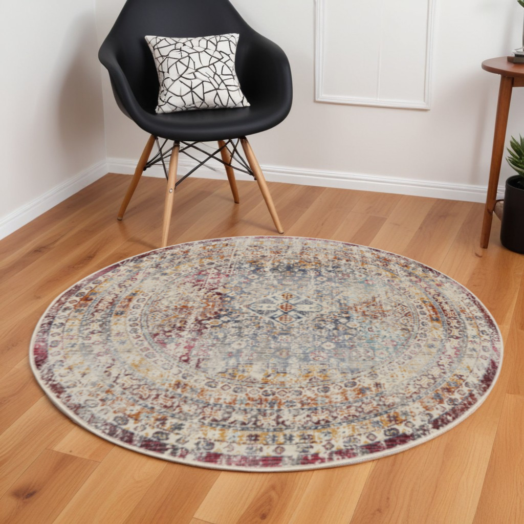 552359 6 ft. Geometric Distressed Round Rug, Ivory, Red & Orange