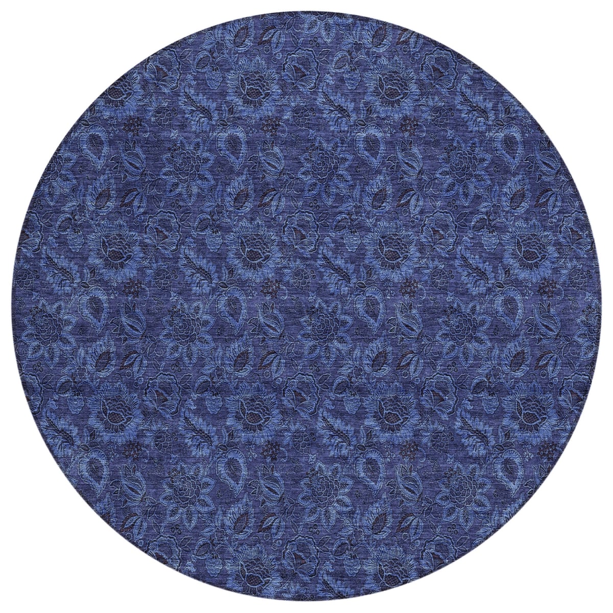 580528 8 ft. Round Floral Washable Indoor & Outdoor Area Rug, Navy Blue, Blue & Charcoal