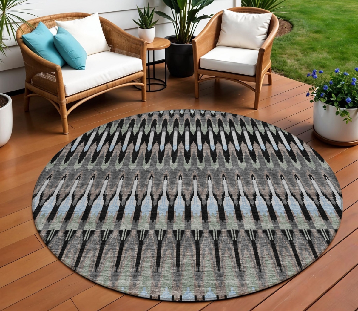 589760 8 ft. Round Southwestern Washable Indoor & Outdoor Area Rug, Black, Gray & Blue