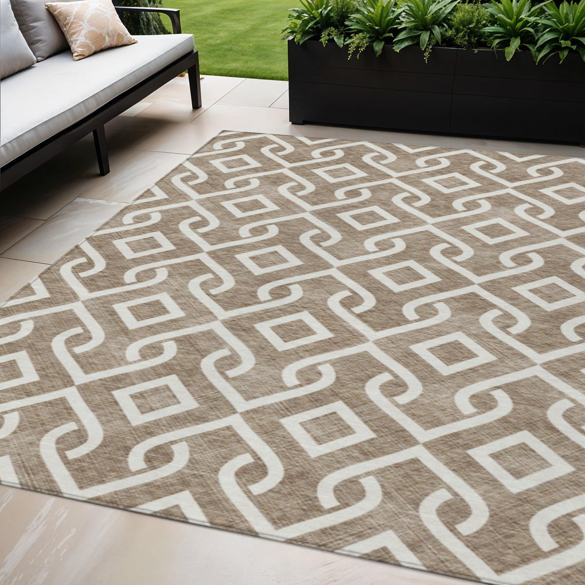 578869 5 x 8 ft. Geometric Washable Indoor & Outdoor Rectangle Area Rug, Brown & Ivory