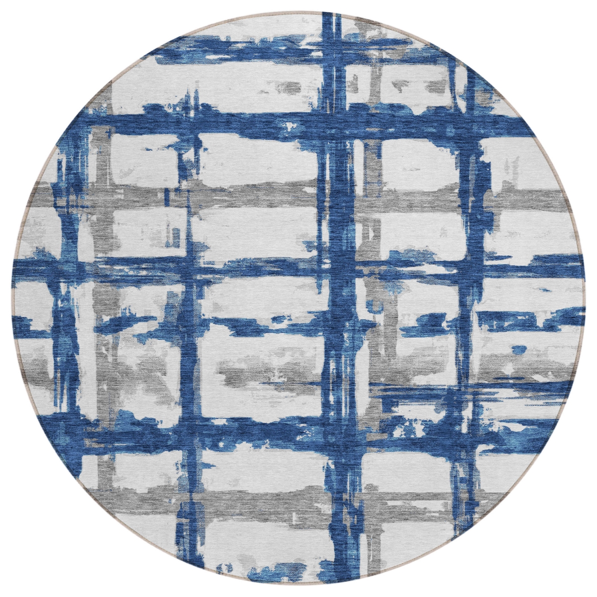 584496 8 ft. Round Striped Washable Indoor & Outdoor Area Rug, Navy Blue, Gray & Silver