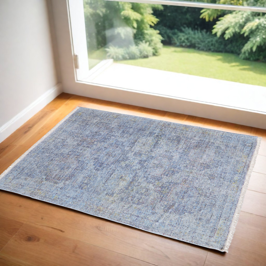 566203 2 x 3 ft. Abstract Hand Woven Distressed Rectangle Area Rug with Fringe, Blue & Ivory