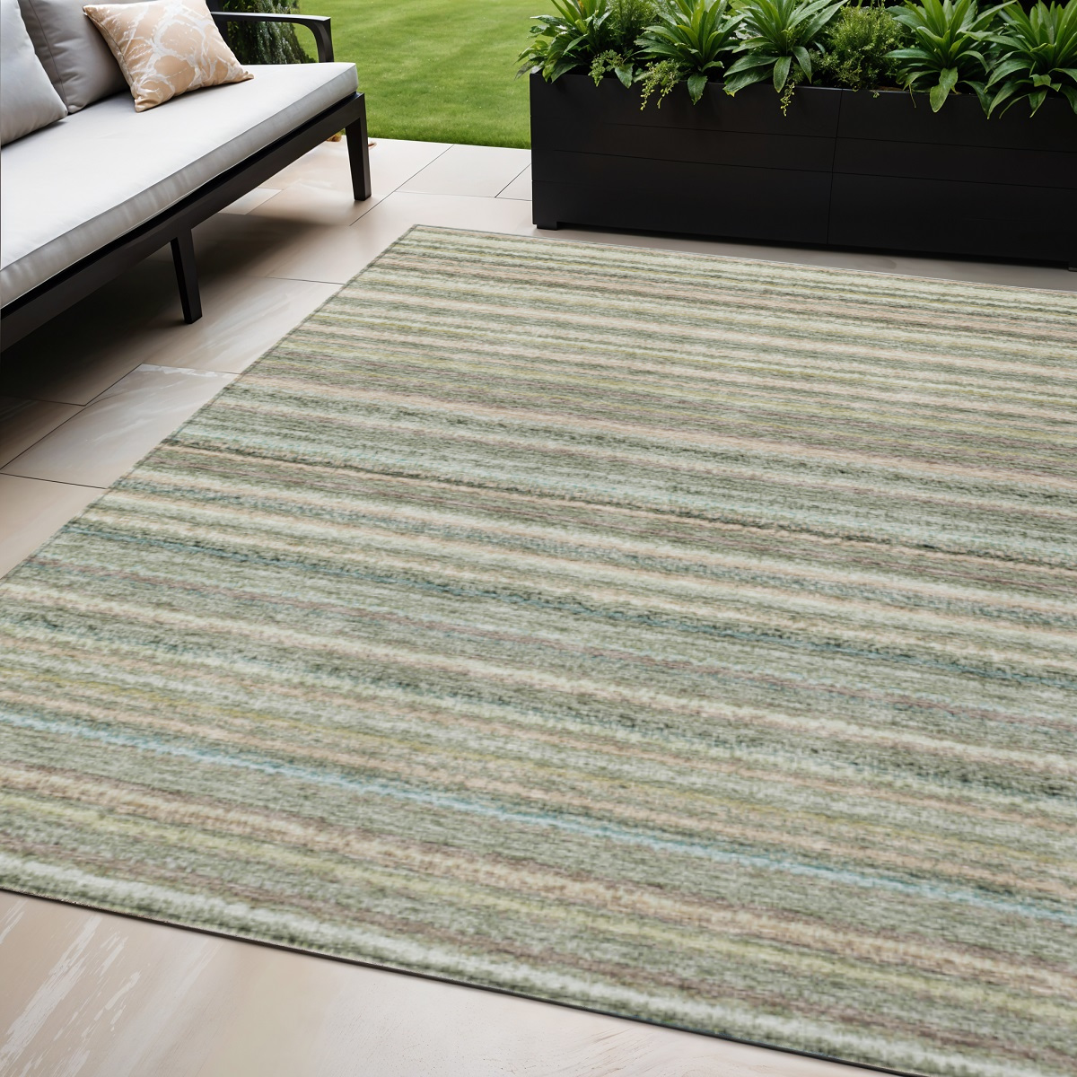 577800 5 x 8 ft. Striped Washable Indoor & Outdoor Rectangle Area Rug, Sage, Mint Green & Beige