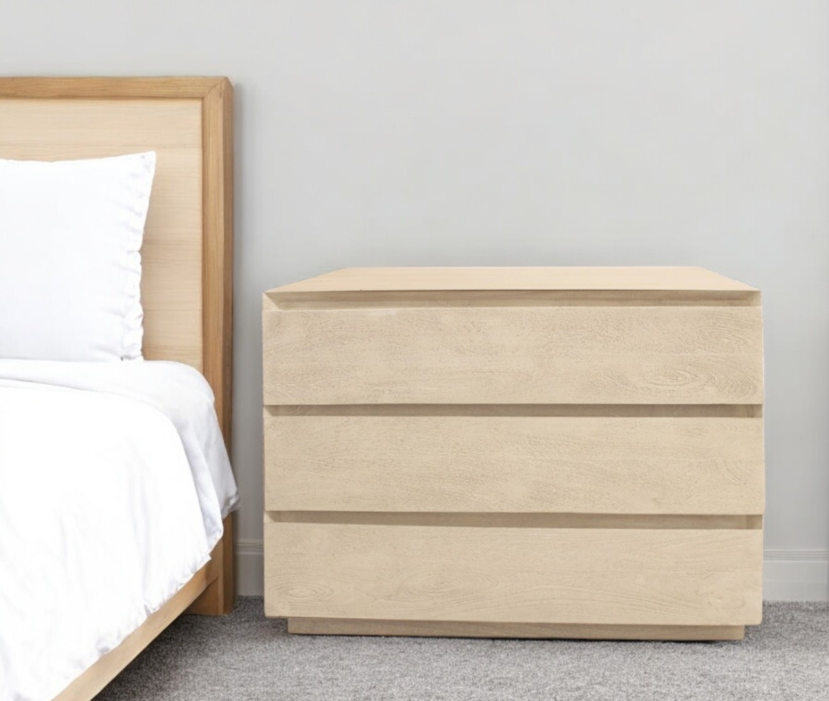 569601 24 in. Three Drawer Solid Wood Nightstand - Natural
