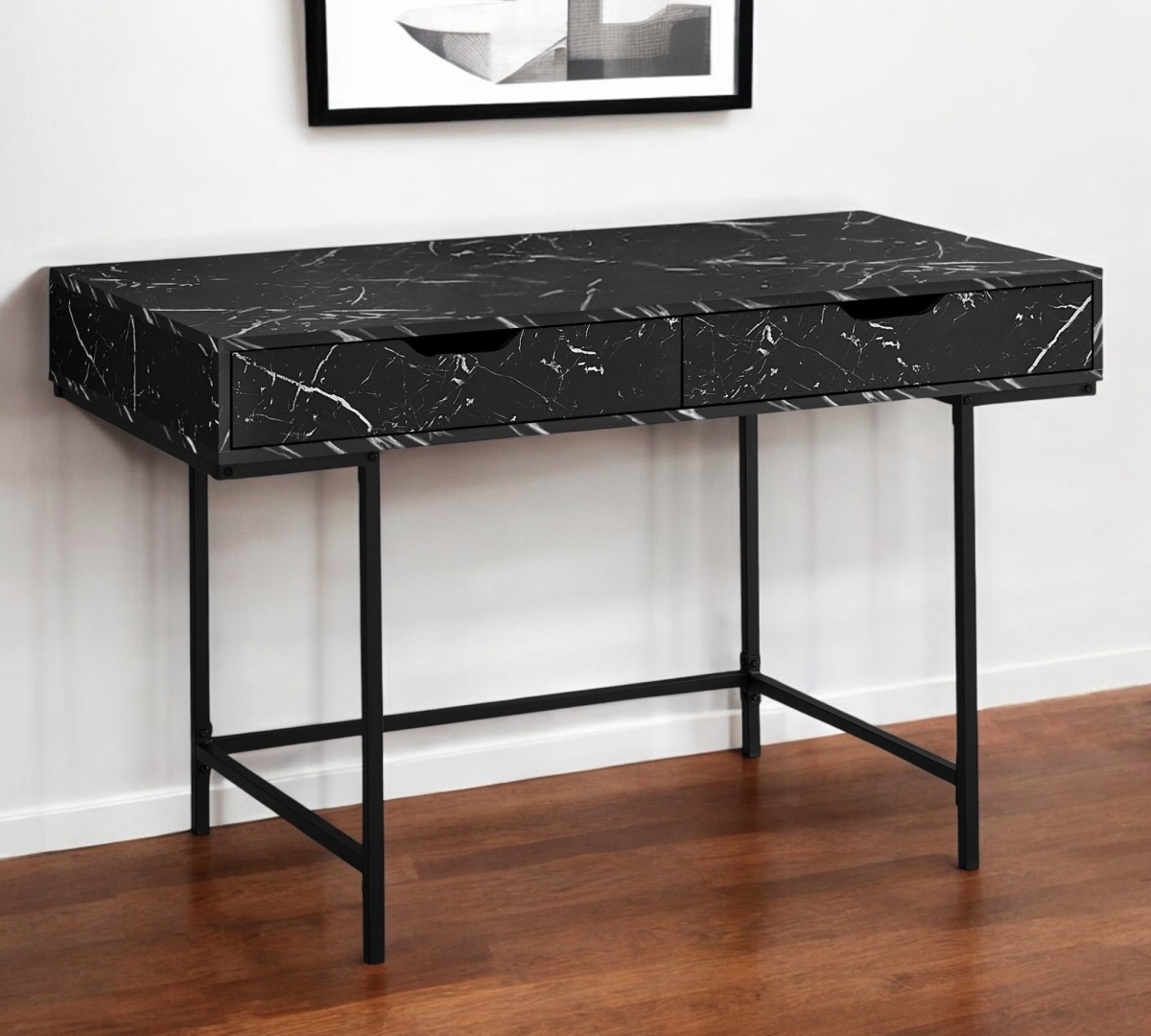 489892 47 in. Wood & Metal Computer Desk with Two Drawers, Black & White