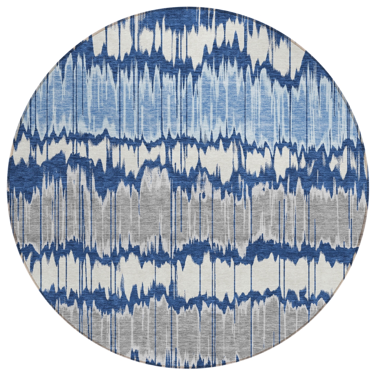 585156 8 ft. Round Striped Washable Indoor & Outdoor Area Rug, Navy Blue, Ivory & Denim Blue