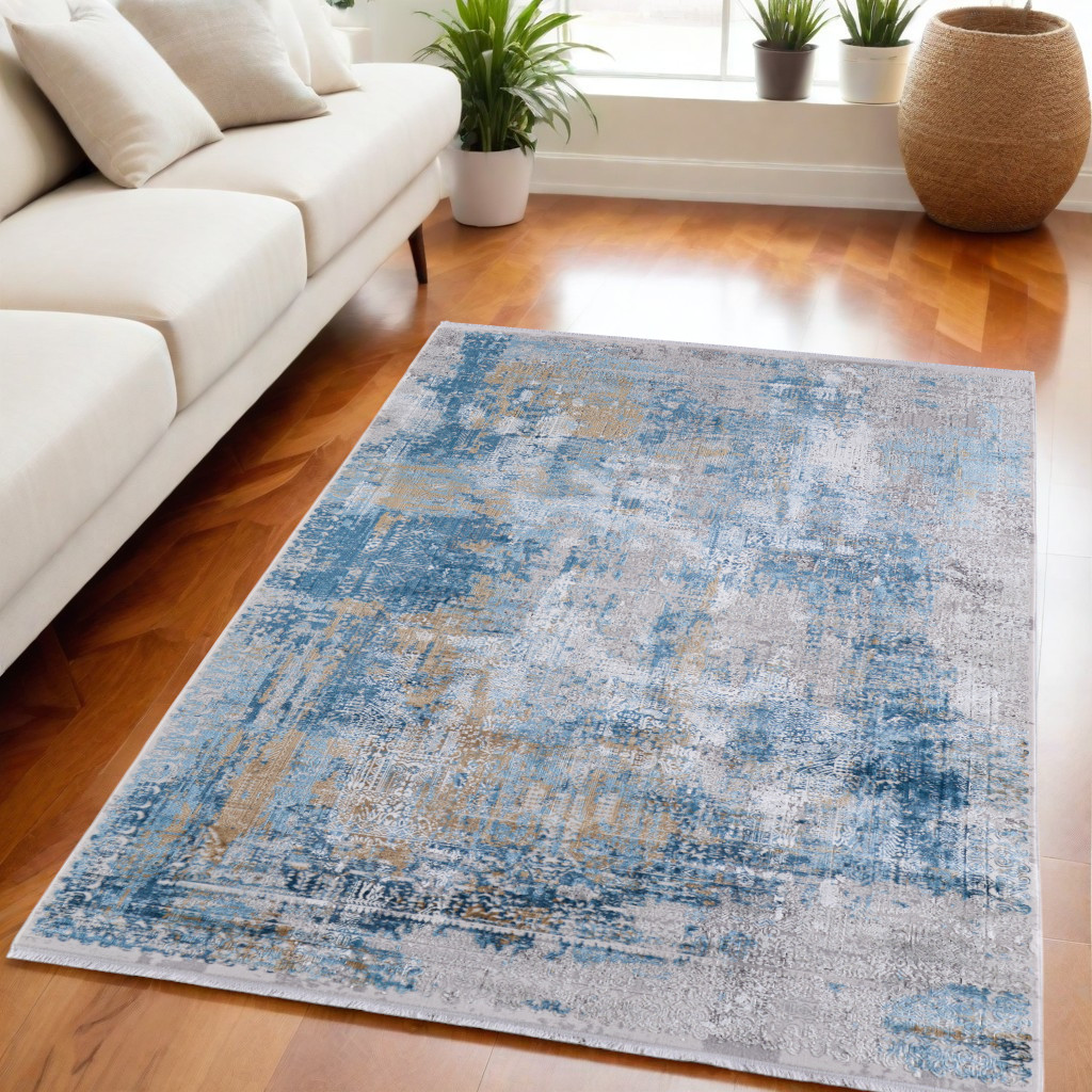 566023 5 x 8 ft. Abstract Power Loom Rectangle Area Rug with Fringe, Blue, Gold & Gray