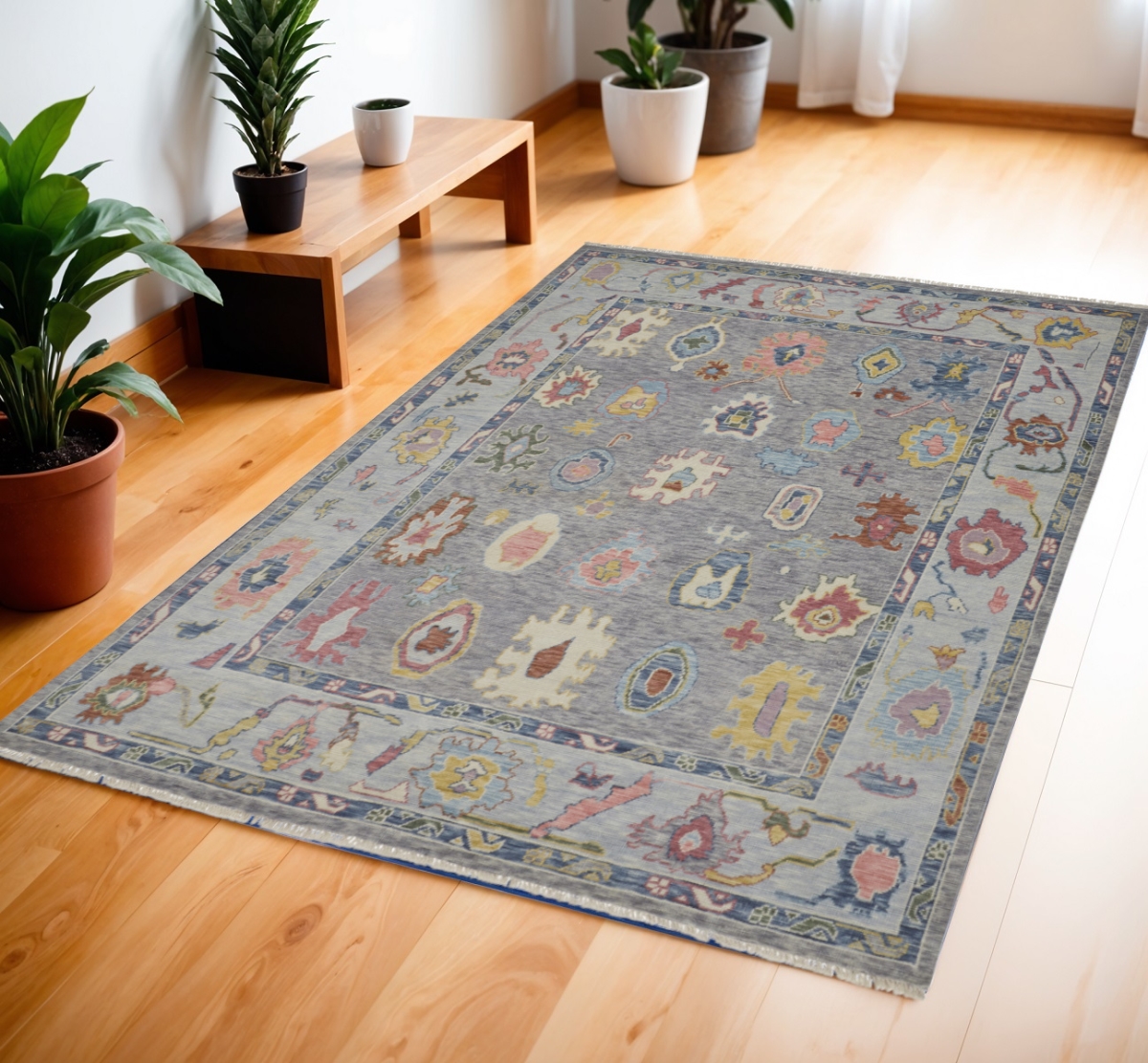 566256 4 x 6 ft. Wool Oriental Hand Knotted Rectangle Area Rug with Fringe, Gray, Blue & Red