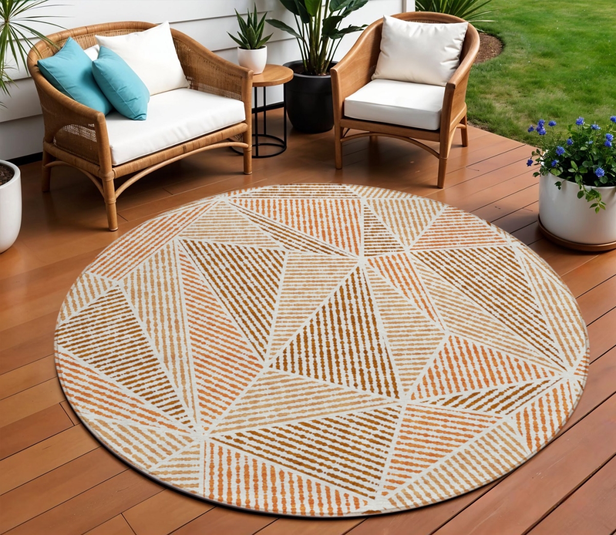 578564 8 ft. Round Geometric Washable Indoor & Outdoor Area Rug, Terra Cotta, Beige & Salmon