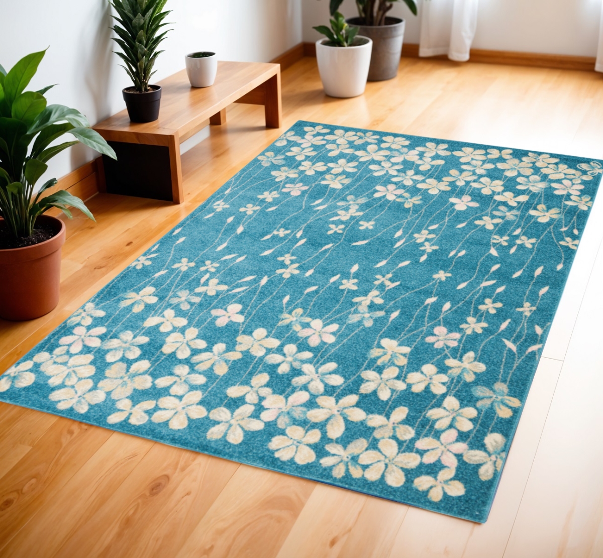 553259 4 x 6 ft. Botanical Leaves Rectangle Area Rug, Turquoise & Cream