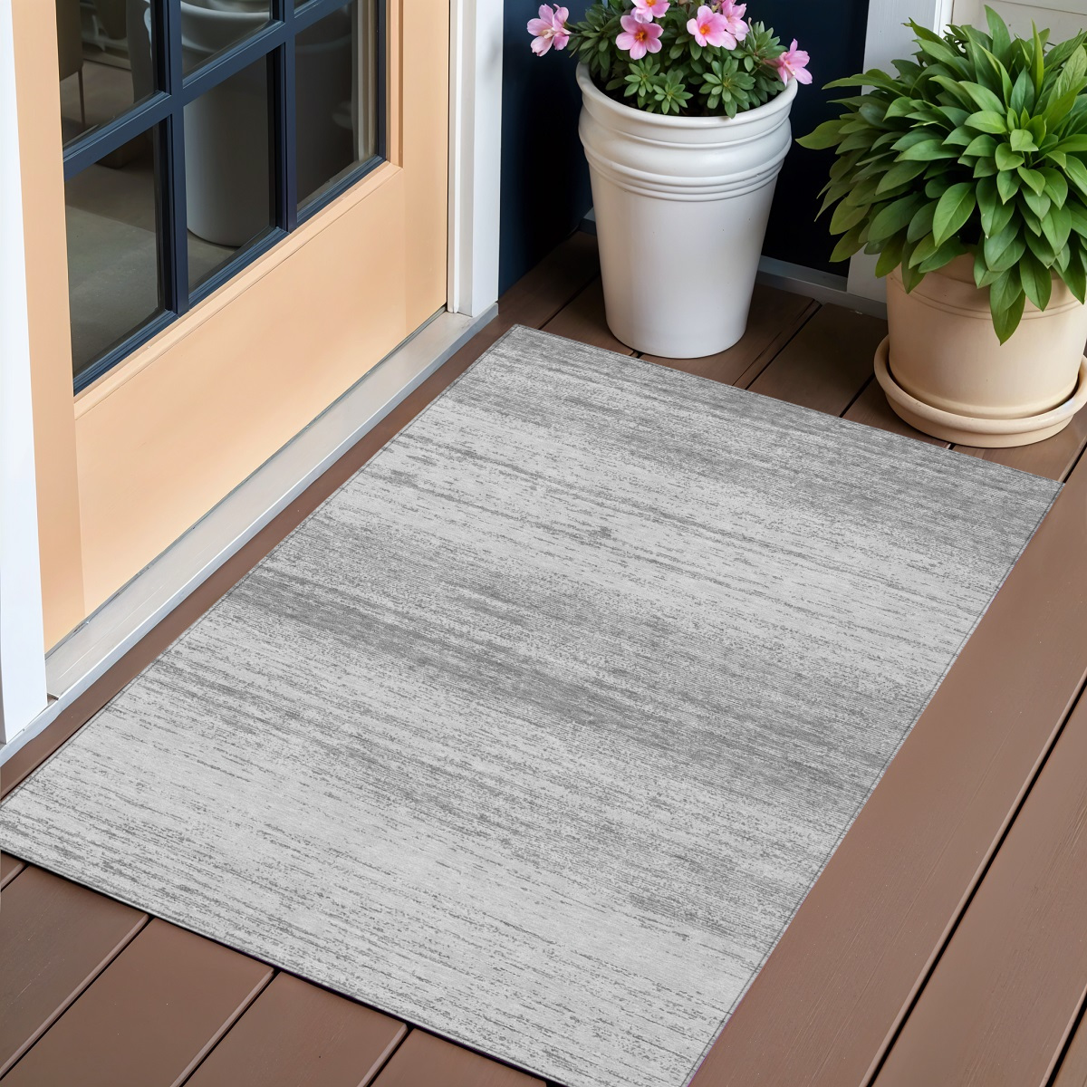 589680 3 x 5 ft. Striped Washable Indoor & Outdoor Rectangle Area Rug, Gray & Silver