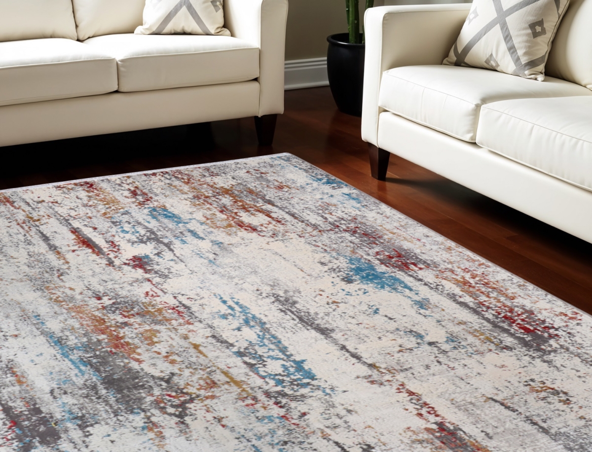 Abstract Power Loom Area Rug - Gray Blue & Red - 7 x 10 ft. - Fringed Design