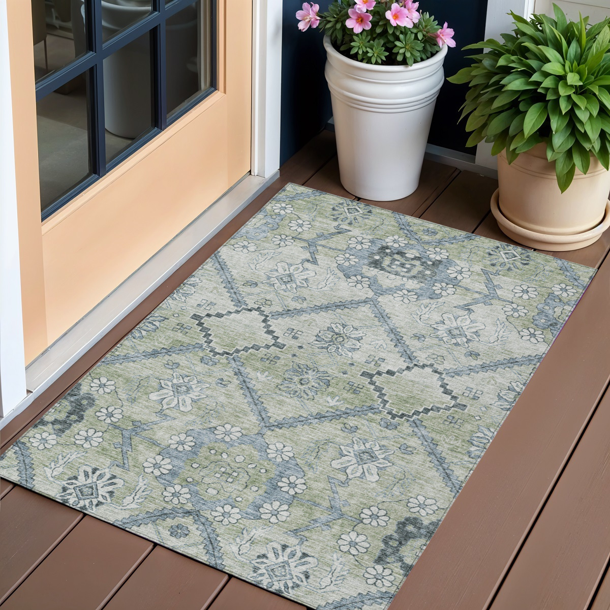 588852 3 x 5 ft. Floral Washable Indoor & Outdoor Rectangle Area Rug, Artichoke Green, Denim Blue & Silver