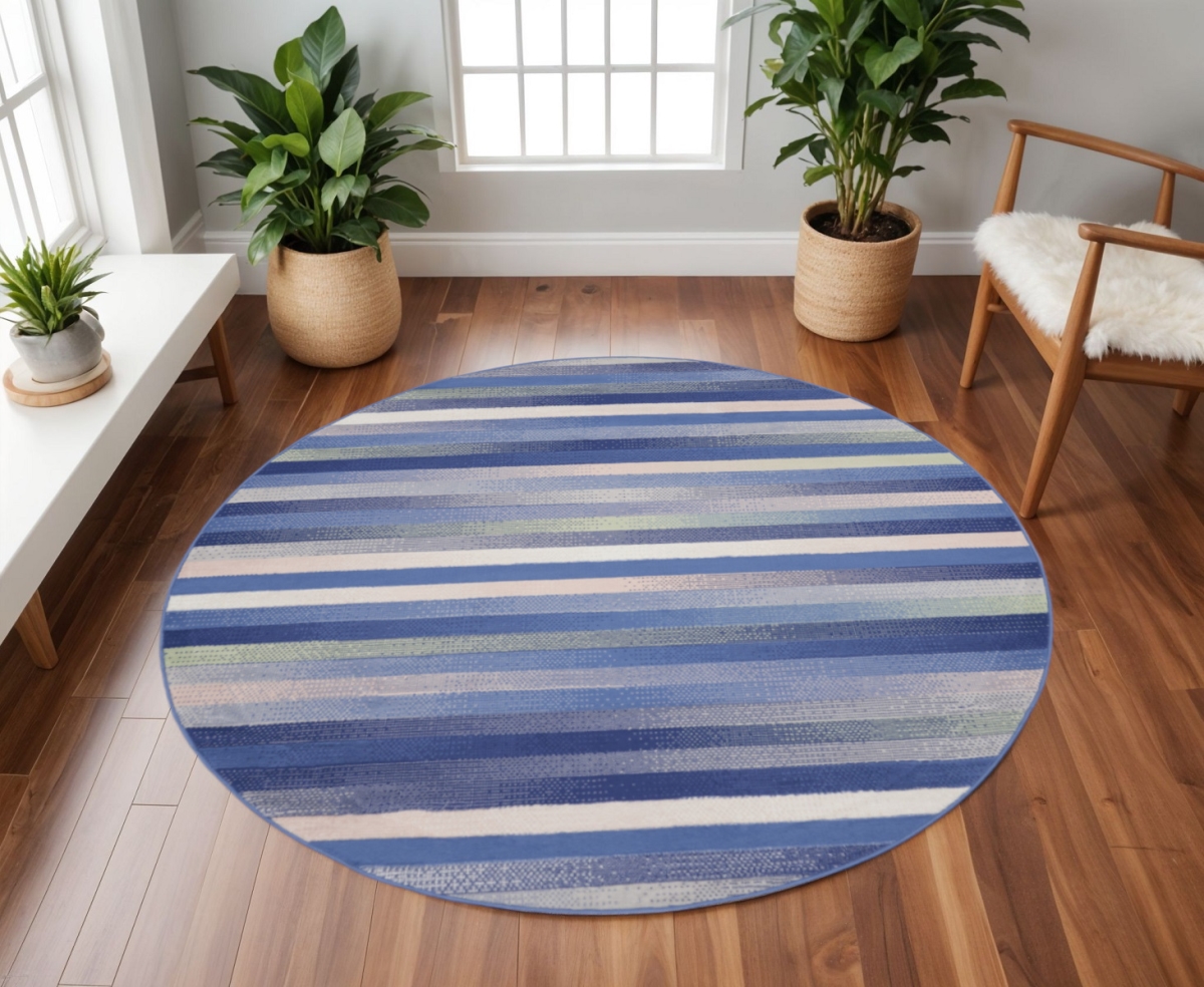552330 8 ft. Striped Round Rug, Ivory, Tan & Blue