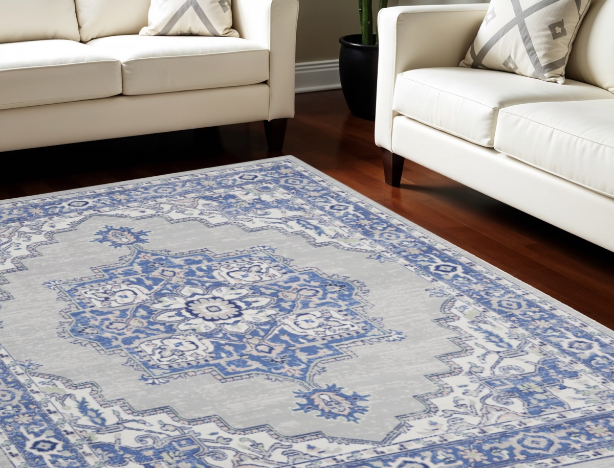 550668 7 x 10 ft. Floral Medallion Distressed Non Skid Rectangle Area Rug, Ivory, Blue & Gray