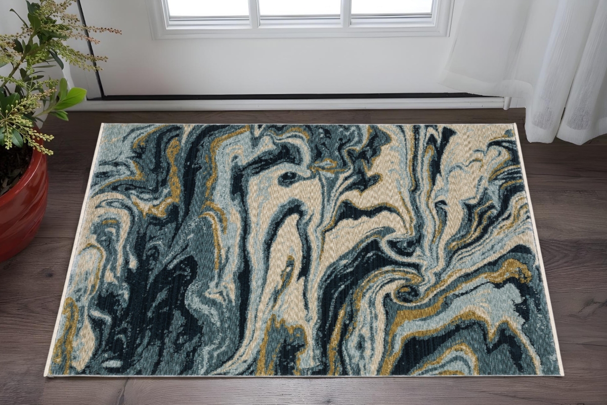 575698 3 x 5 ft. Abstract Rectangle Area Rug with Fringe, Navy Blue & Teal
