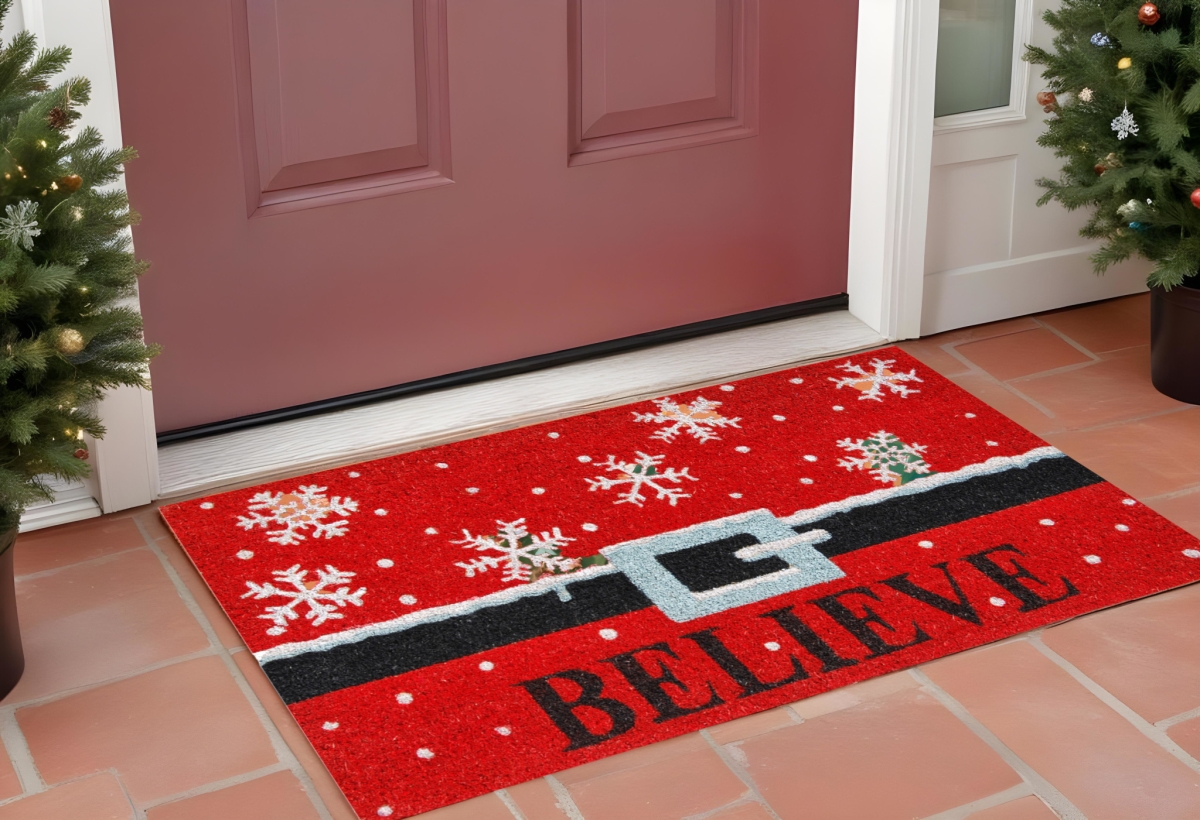 555288 17 x 29 in. Red Black & White Coir Snowflake Believe Outdoor Christmas Door Mat