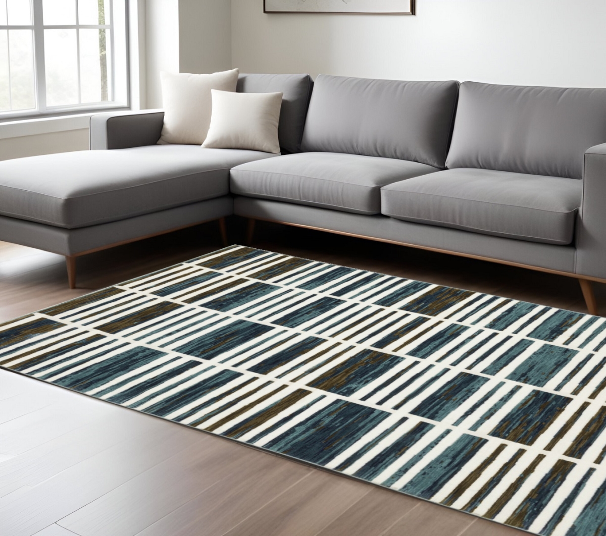 576095 8 x 11 ft. Geometric Rectangle Area Rug, Ivory & Blue