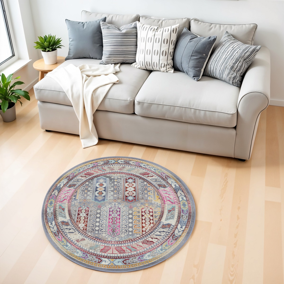 552440 4 ft. Floral Distressed Round Rug, Ivory, Gray & Red