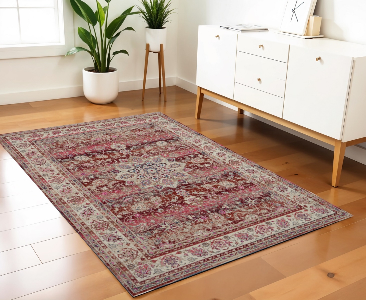 553365 4 x 6 ft. Floral Distressed Rectangle Area Rug, Ivory & Red