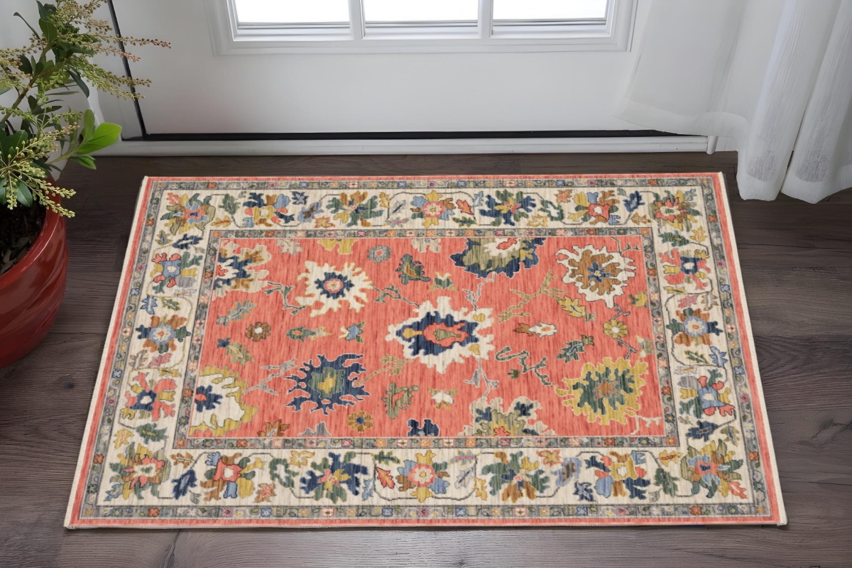 575204 2 x 3 ft. Oriental Rectangle Area Rug with Fringe, Salmon, Blue & Yellow