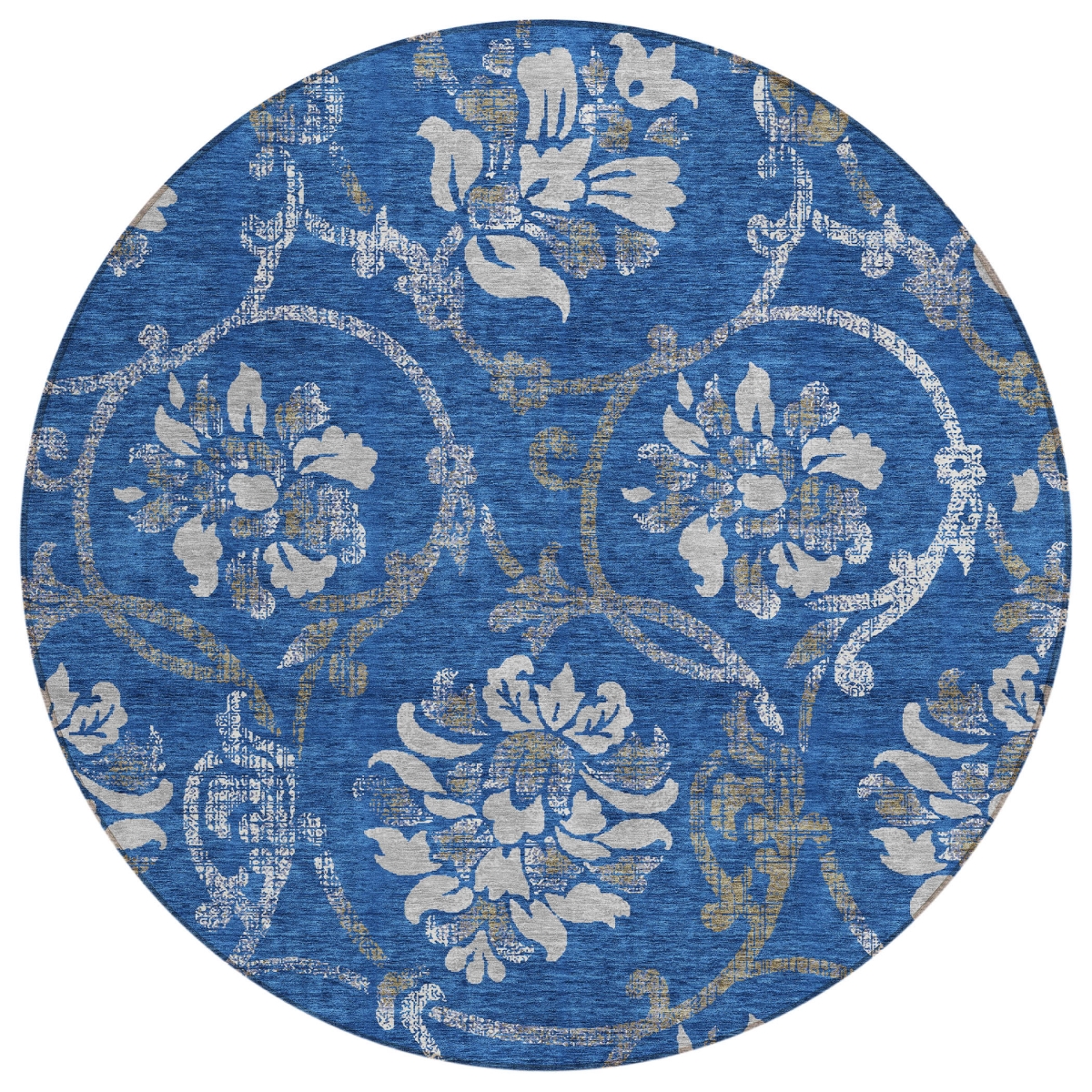 585624 8 ft. Round Floral Washable Indoor & Outdoor Area Rug, Navy Blue & Silver