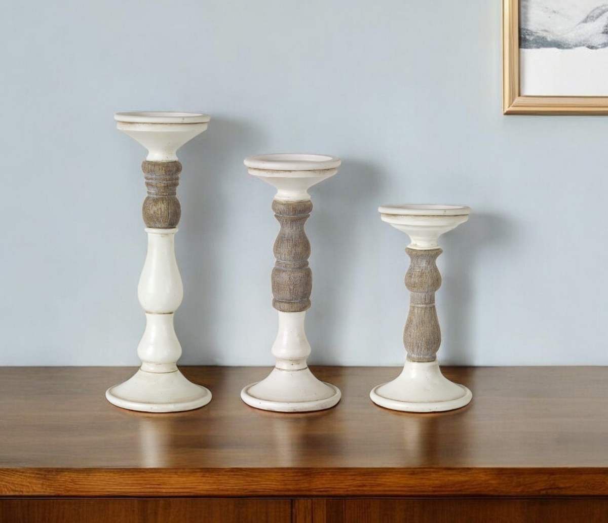 Picture of HomeRoots 517612 Ivory & Natural Resin Tabletop Pillar Candle Holders - Set of 3