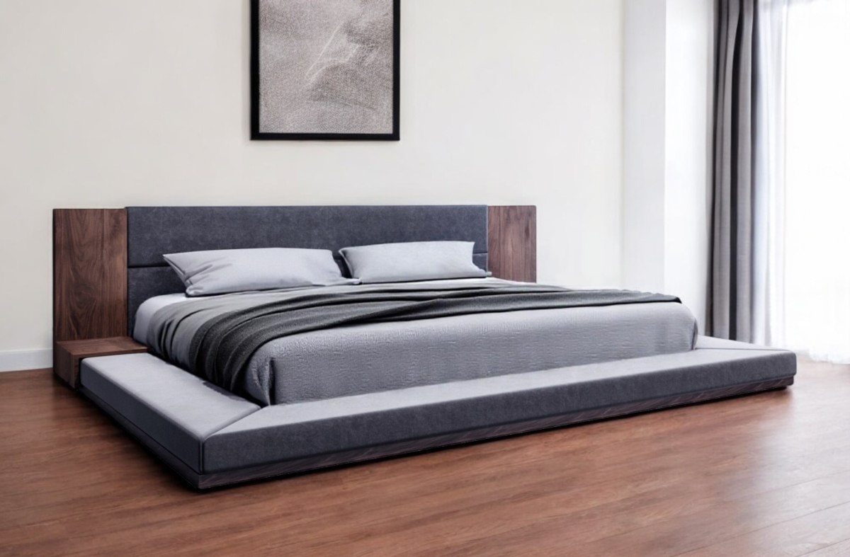 486208 Brown & Gray Wood Upholstered King Size Bed Frame