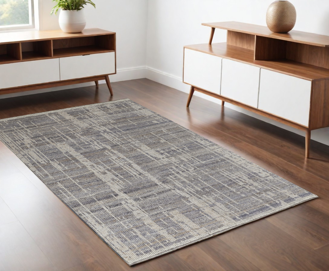 566421 4 x 6 ft. Wool Abstract Hand Knotted Worn Faded Rectangle Area Rug, Gray & Ivory
