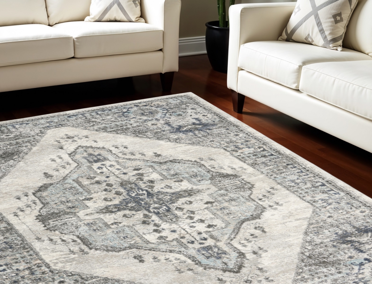 569657 8 x 10 ft. Floral Power Loom Distressed Rectangle Area Rug, Gray