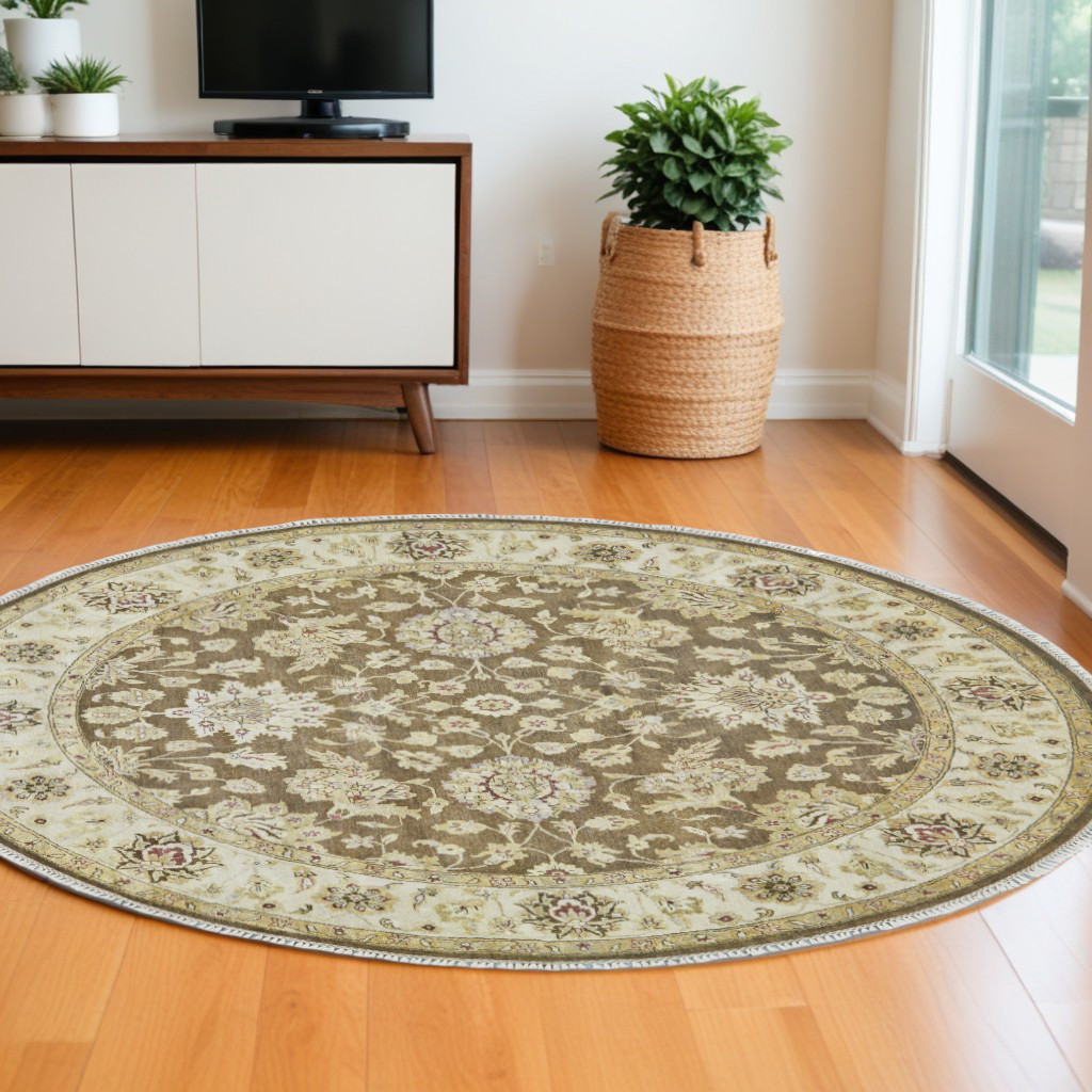 567890 8 ft. Wool Oriental Hand Knotted Round Rug, Brown, Gold & Tan